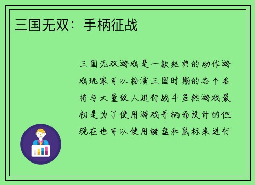 三国无双：手柄征战